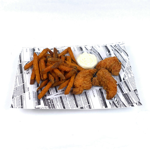 Hot'n'Spicy stripsy s batatovými hranolkami + omáčka