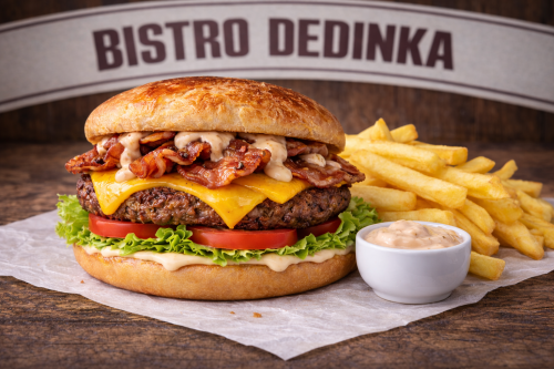 COMBO: Slaninka burger +hranolky + omáčka