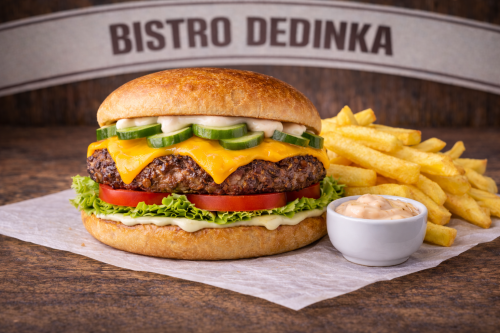 COMBO: Cheese burger + hranolky + omáčka