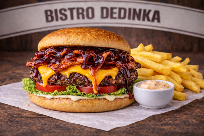 COMBO:  Dedinka burger + hranolky + omáčka