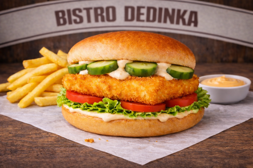 COMBO:  Syrový burger + hranolky + omáčka