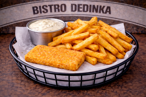 Vyprážaný syr + belgické hranolky + omáčka