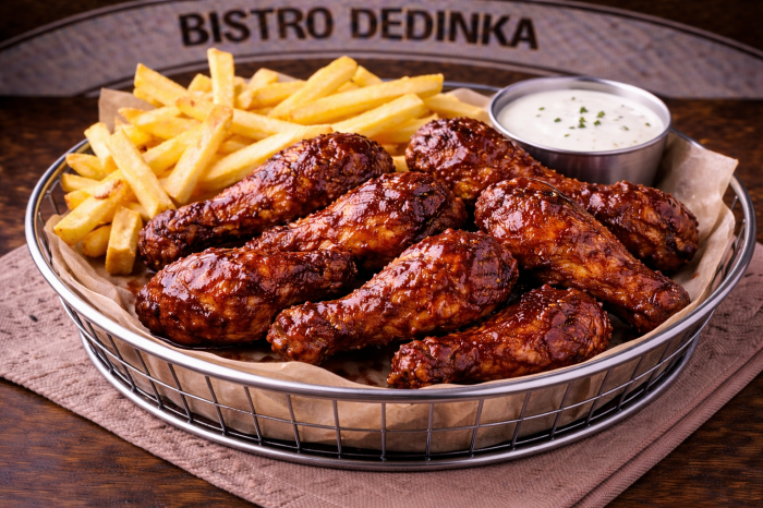 COMBO: Krídla teriyaki omáčka 350g + hranolky + omáčka