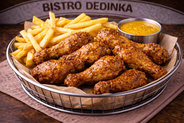 COMBO: Krídla medovo horčicová omáčka 350g + hranolky + omáčka