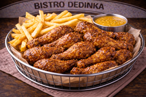 COMBO:  Krídla sladkokyslá omáčka  500g + hranolky + omáčka