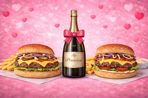 Valentínsky combo burger box 2x + fľaša prosecca ❤️